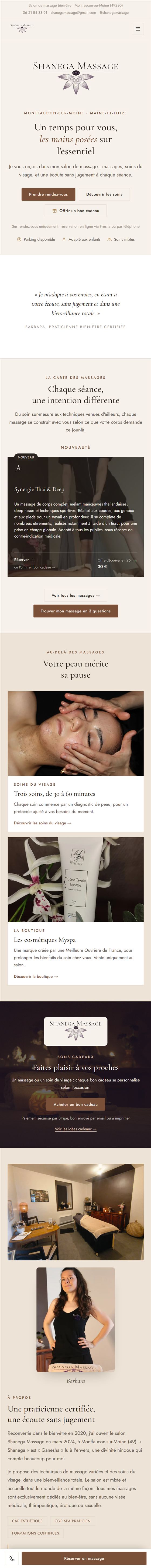 Le site de Shanega Massage sur téléphone, de haut en bas